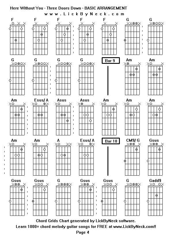 Chord Grids Chart of chord melody fingerstyle guitar song-Here Without You - Three Doors Down - BASIC ARRANGEMENT,generated by LickByNeck software.